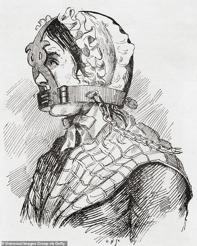 An illustration originally published in The Strand Magazine depicting a woman in the 17th century wearing what was known as a scold's bridle, which prevented the victim from speaking