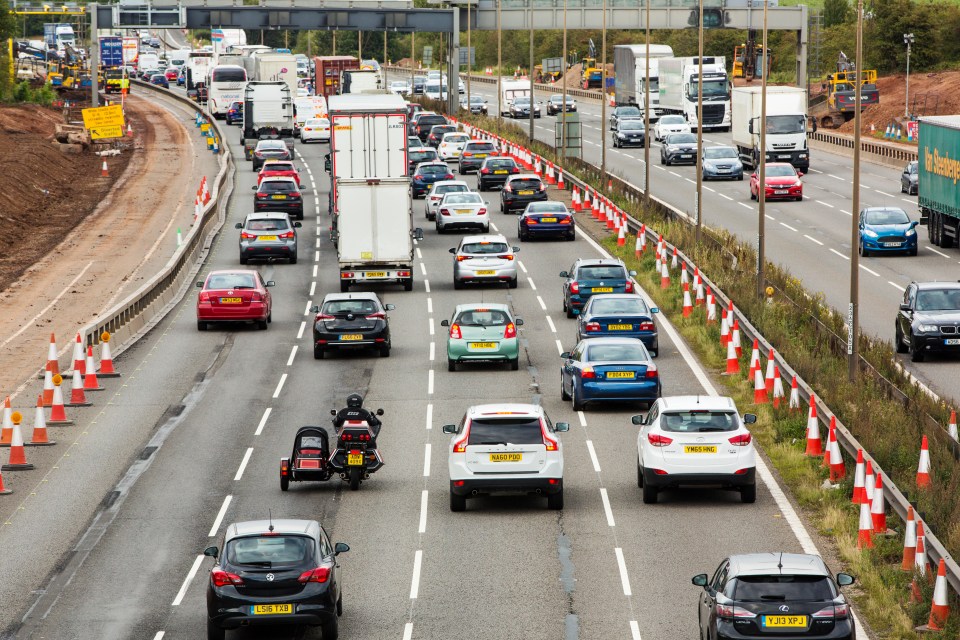 Traffic jam on a motorway due to roadworks.
