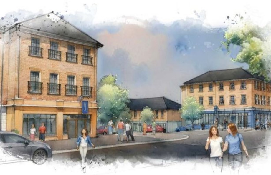 Illustration of Sherford's new town center, including retail spaces and a nursery.