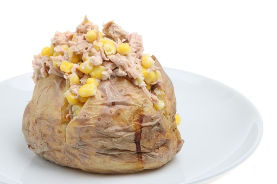 Baked potato stuffed with tuna, sweetcorn and mayonnaise; Shutterstock ID 13419127; purchase_order: -; job: -; client: -; other: -