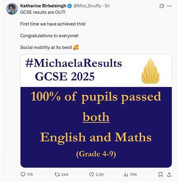 Katharine Birbalsingh posted her pupils' success on X