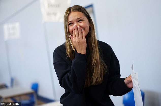 Amelia Mrozek, 15, a student at Harris Academy Merton, reacts as she collects her GCSE results
