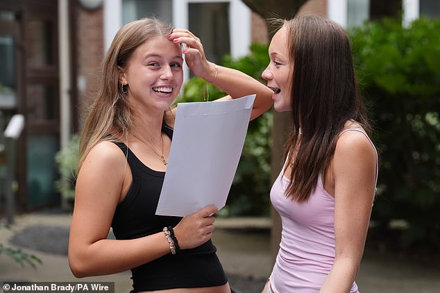 Nathalie Endemann, 16, who achieved 14 9s and Isla Knowles, 16, who achieved 11 9s, receiving their GCSE results at Putney High School in London