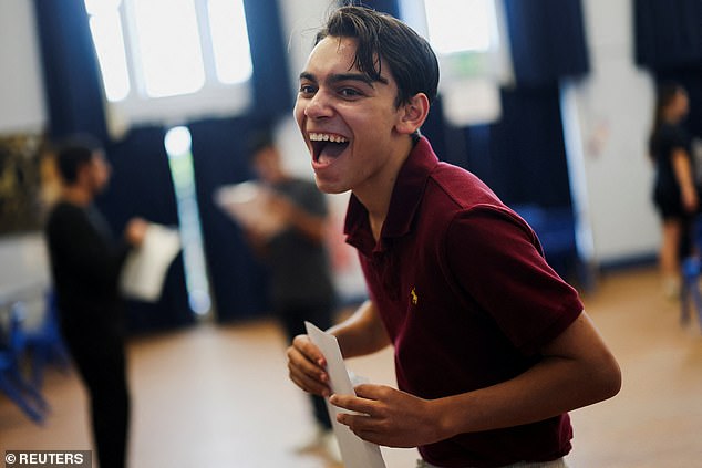 Eesa Delaney, 16, a student at Harris Academy Merton, reacts as he collects his GCSE results