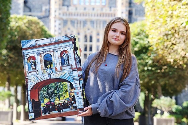 Ukrainian student Liza Minenko with her artwork