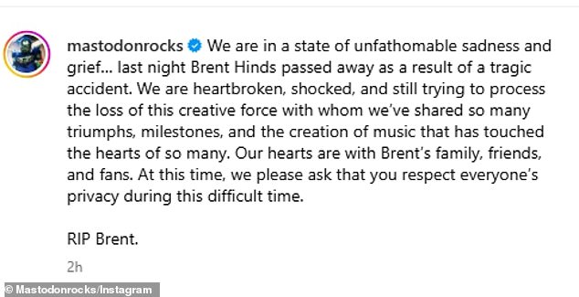 The band paid an emotional tribute to Hinds in an Instagram statement