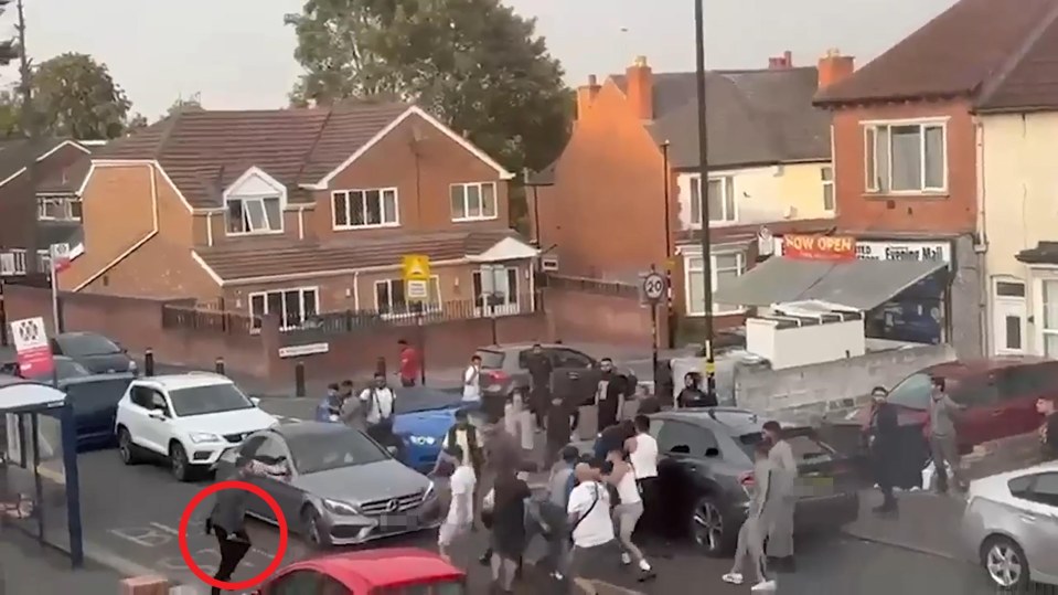 Large group of people gathered in a residential street.