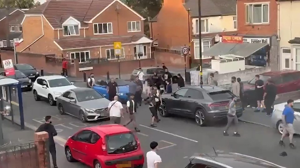 Large group of people gathered on a residential street.