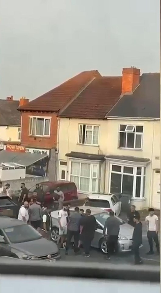 Large group of people gathered in a residential street.