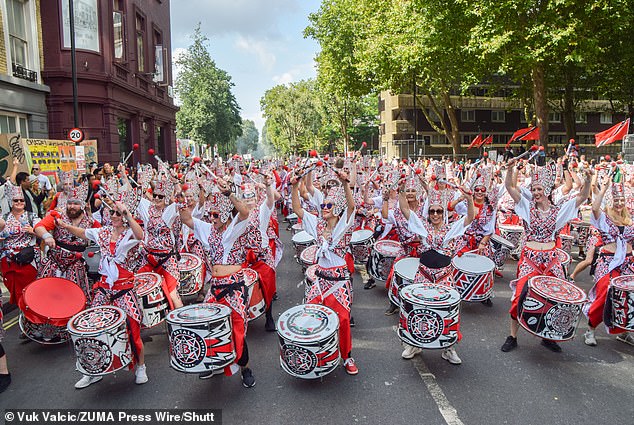 Drummers perform in the parade on the second day of the Notting Hill Carnival last year
