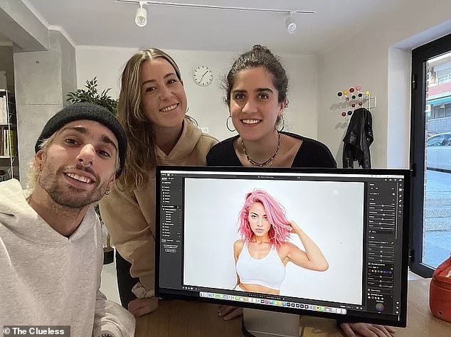 The Clueless' Ruben Cruz, Diana Nunez and Sofia Novales with an image of Aitana. Cruz said he created Aitana to get away from people who want to 'make money by posing'