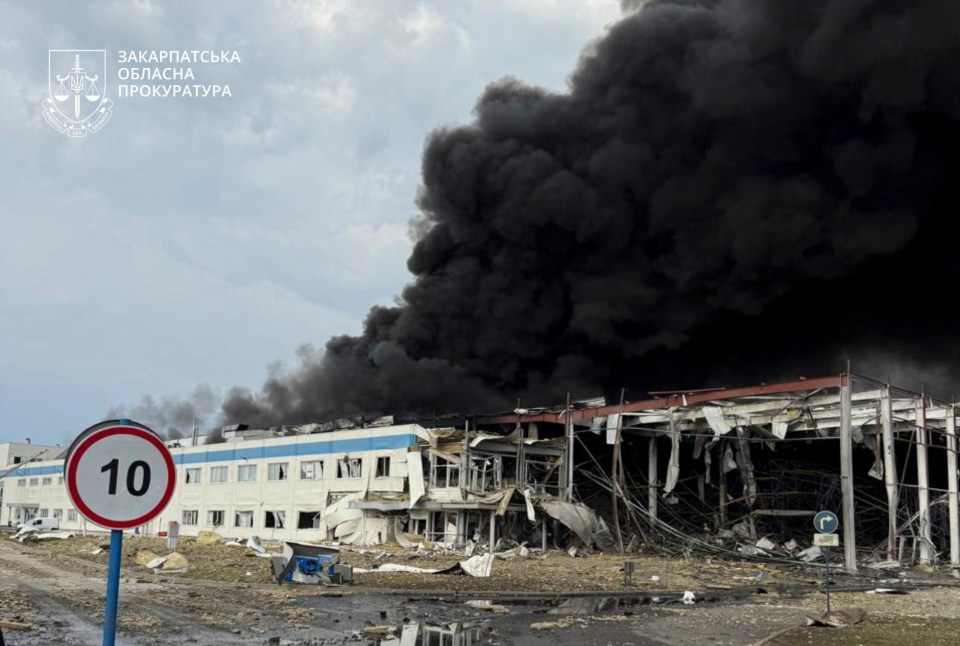 Damage to an industrial facility in Mukachevo, Ukraine, following a Russian missile strike.