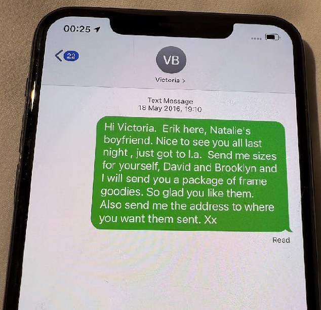 The papers claim the Swede targeted the entrepreneur to forge a 'path toward power, influence and a better life' in 2009 when he had nothing. A text message from Torstensson to Victoria Beckham asking her and husband David to help promote his brand