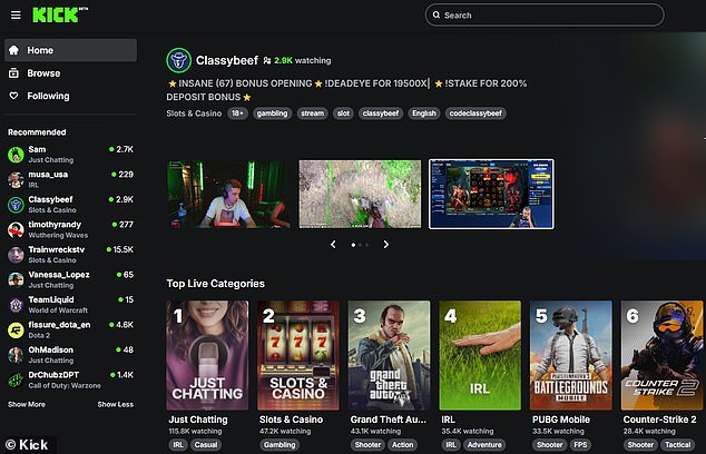 Kick draws around 817,000 users each month, a figure climbing at a rapid pace. Pictured: Kick's home page
