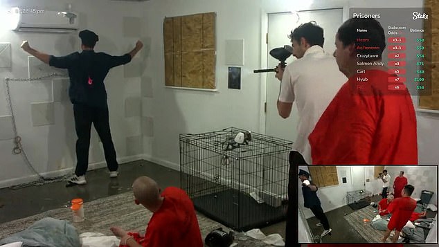 Paul Denino, known online as Ice Poseidon, went viral after beginning a simulated jail livestream on the Kick platform in 2023. Pictured: Denino firing a paintball at a contestant