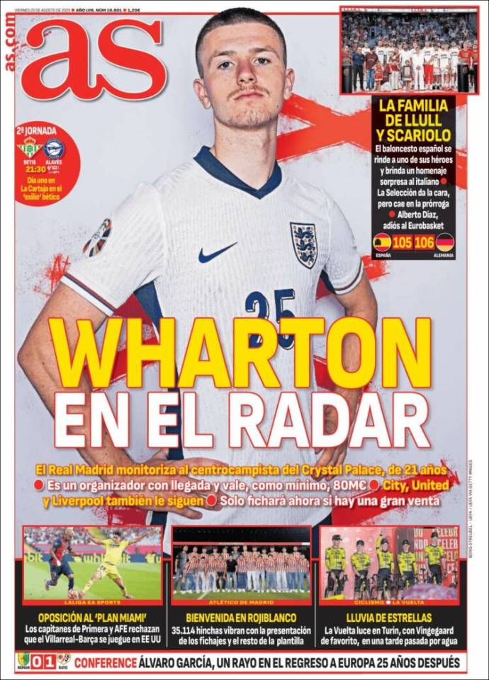Newspaper cover featuring a young soccer player, Wharton, who is being monitored by Real Madrid.