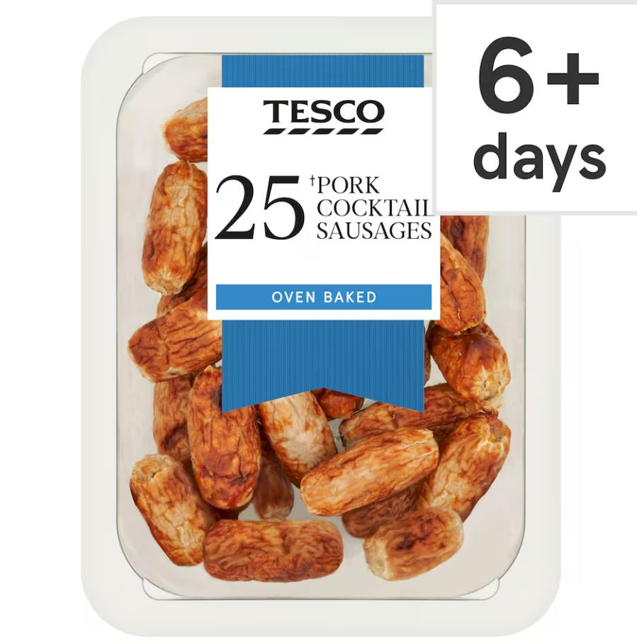 Package of 25 Tesco oven-baked pork cocktail sausages.