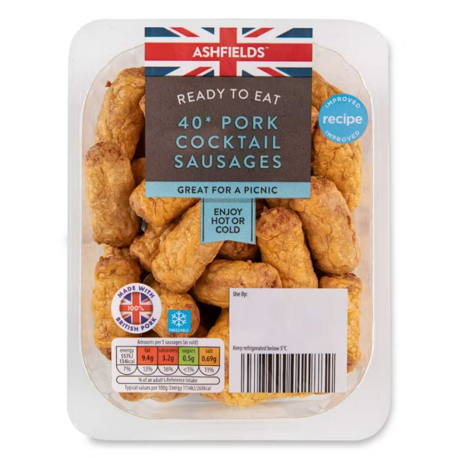 Package of 40 pork cocktail sausages.