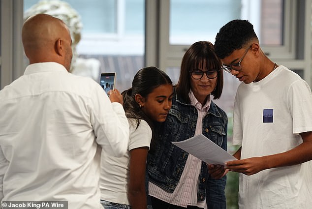 The overall pass rate for English dropped 1.7 percentage points to hit 60.2 this summer, the worst result since 2004, while 58.3 per cent of all pupils across the UK passed their maths GCSE this year, down from 59.5 per cent last year. Pictured: pupils receive their results on August 21