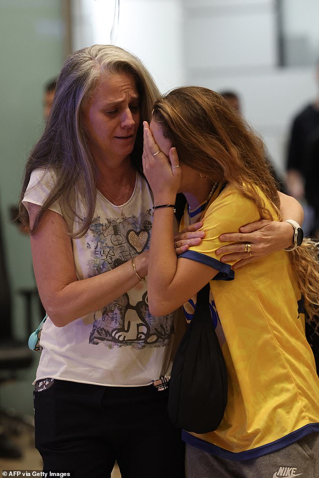 Relieved to be home: A fan of the Israeli football club Maccabi Tel-Aviv is met by a family member at Ben Gurion International Airport on November 8, 2024