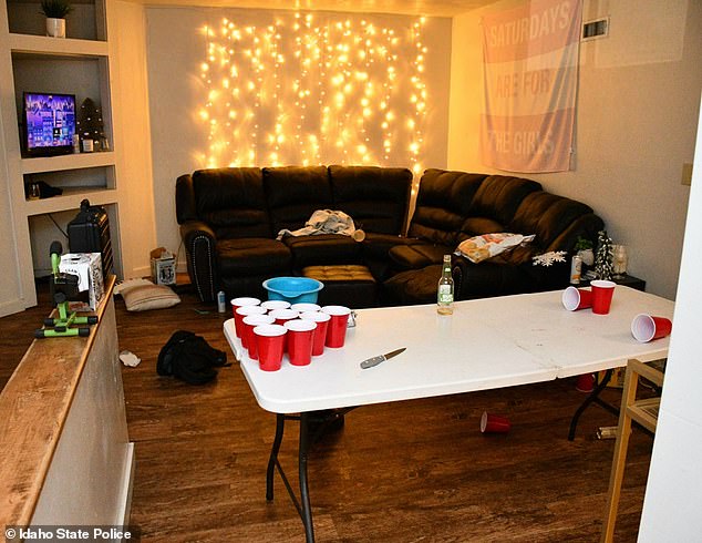 Remnants of the night before were still visible in newly released police pictures from the time they arrived to inspect the home. This included a beer pong set up (pictured)