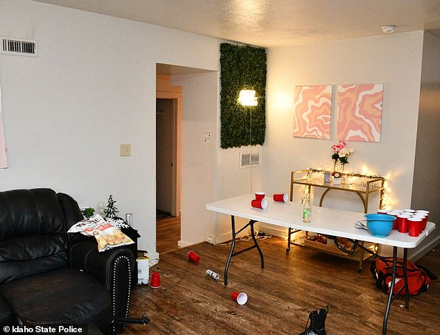 Newly released images show the state of the living room when police arrived the next day, complete with fairy lights, artwork and a game of beer pong