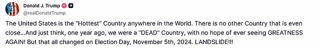 15024875 Trump to make mystery announcement from the Oval Office as his top political enemy's home is raided by FBIThe United States is the "Hottest" Country anywhere in the World. There is no other Country that is even close¿And just think, one year ago, we were a "DEAD" Country, with no hope of ever seeing GREATNESS AGAIN! But that all changed on Election Day, November 5th, 2024. LANDSLIDE!!!