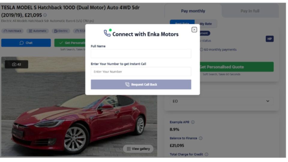 Screenshot of website showing a red Tesla Model S for sale with a form to request a call back.