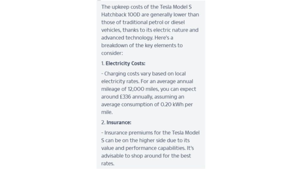 Tesla Model S upkeep cost breakdown: electricity and insurance.
