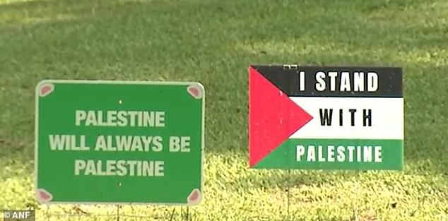 Tension between the two families began to heat up last year when the Bouzyks began displaying pro-Palestine signs in their yard (pictured). David alleges one sign (not pictured) featured a derogatory word about Jews