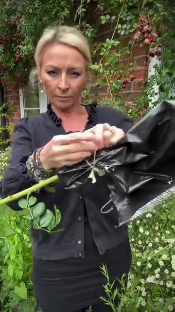 Woman demonstrating how to propagate roses using a plastic bag and string.
