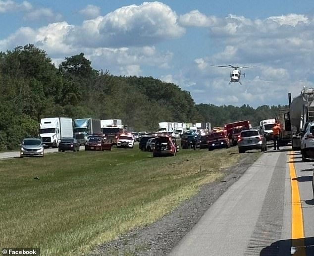 Multiple Mercy Flight helicopters have responded to the scene as rescuers try to help passengers who remain trapped and injured