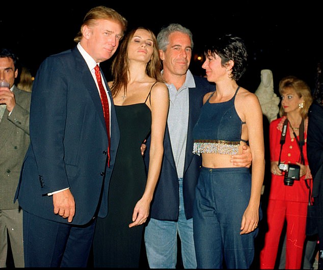 From left, American real estate developer Donald Trump and his girlfriend (and future wife), former model Melania Knauss, financier (and future convicted sex offender) Jeffrey Epstein, and British socialite Ghislaine Maxwell pose together at the Mar-a-Lago club, Palm Beach, Florida, February 12, 2000. (Photo by Davidoff Studios/Getty Images) 14931671