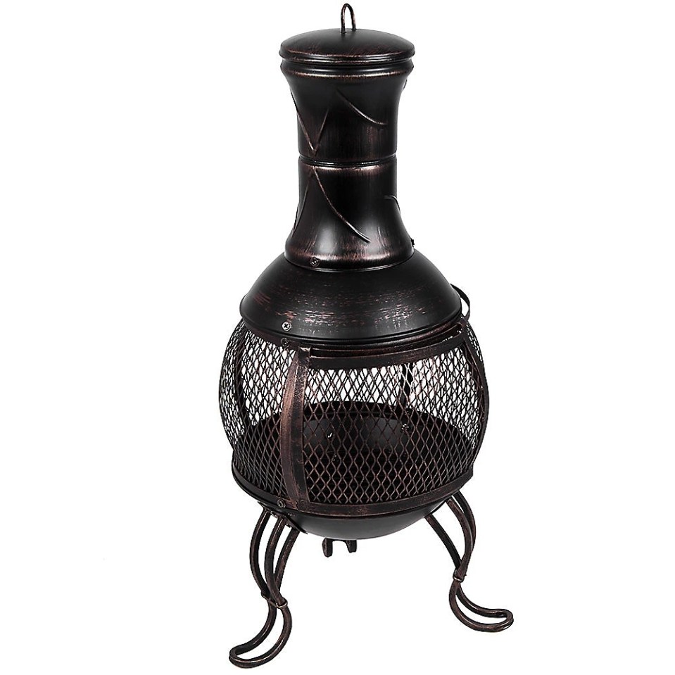 Black and gold steel chiminea firepit.