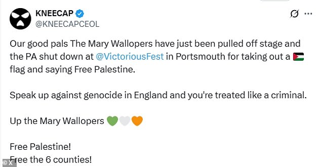 X post from Kneecap in support of The Mary Wallopers