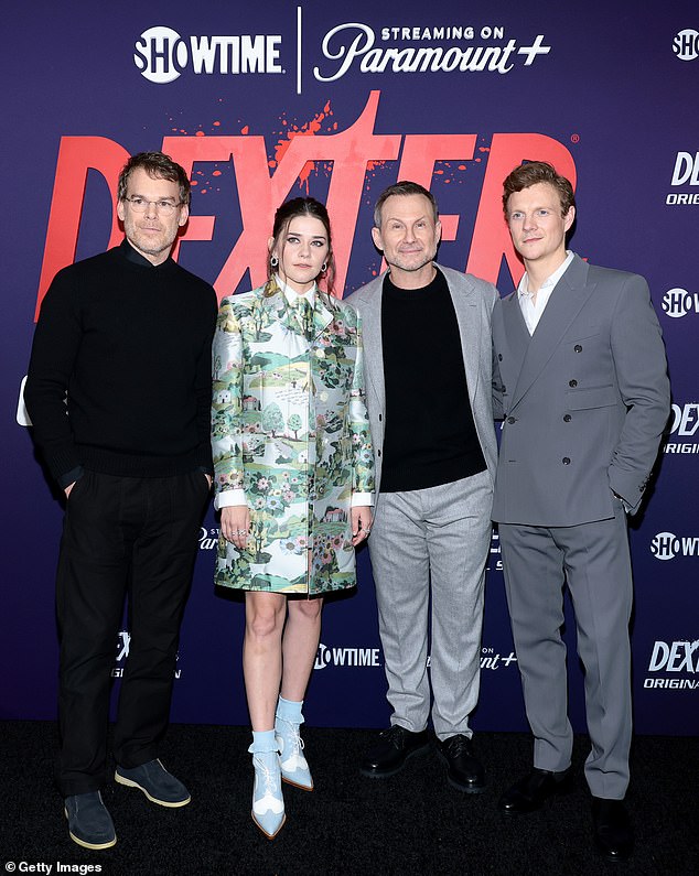 Hall voiced the inner Dexter on the show - pictured with Molly Brown, who played Debra Morgan, Slater and Gibson in December 2024 at the show's premiere