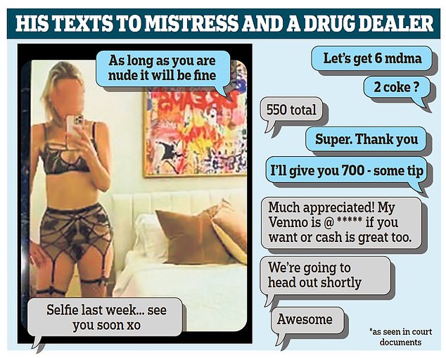 As the Daily Mail exclusively revealed yesterday, Massenet has filed an excoriating lawsuit in the US, accusing her erstwhile partner of being a 'sex addict'. Pictured: His texts to his mistress and a drug dealer