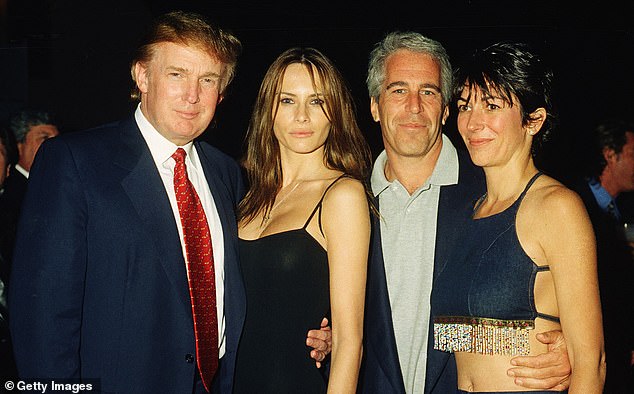 She is said to be seeking a pardon from President Donald Trump ¿ a former pal of Epstein in the 1990s and early 2000s ¿ whom she lavished with praise every time his name was brought up in the hours-long grilling. Pictured: Donald Trump and Melania, Jeffrey Epstein and Ghislaine Maxwell pose together at the Mar-a-Lago club, Palm Beach, Florida, February 12, 2000