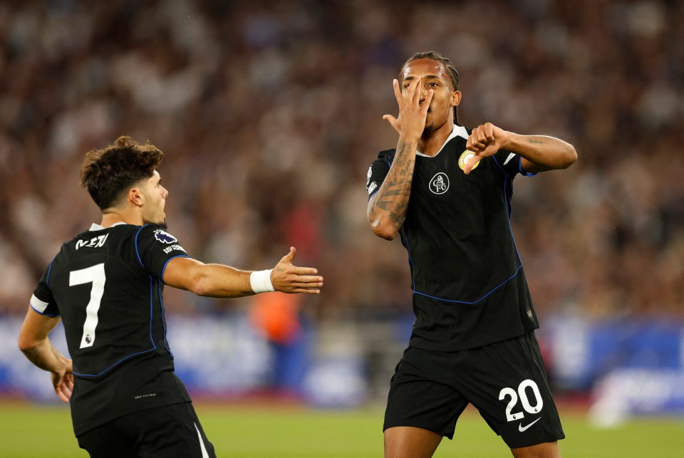 Joao Pedro of Chelsea celebrates a goal.