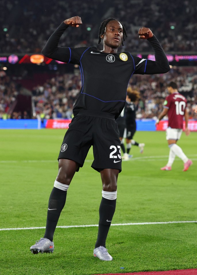 Trevoh Chalobah of Chelsea celebrates scoring a goal.