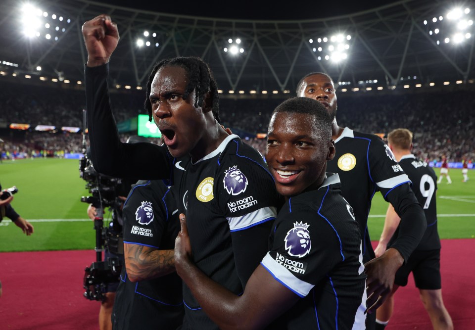 Trevoh Chalobah and Moises Caicedo of Chelsea celebrate a goal.