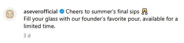 On Tuesday, the team at As ever shared another clip of the wine, crediting it as being Meghan's 'favourite pour' and stating it's only 'available for a limited time'
