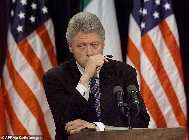 Clinton famously flatly denied having sexual relations with 'that woman', yet his economy with the truth led to him becoming only the second President in US history to be impeached. Pictured: Clinton being questioned in 1999 about Lewinsky