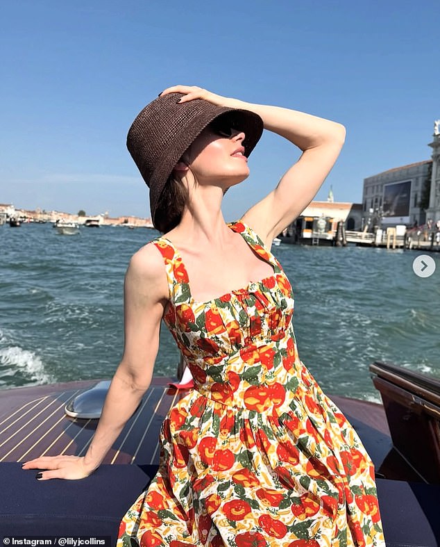 Lily Collins Instagrammed pictures of herself in a tomato-print sundress on one of Venice's famous water taxis over the weekend