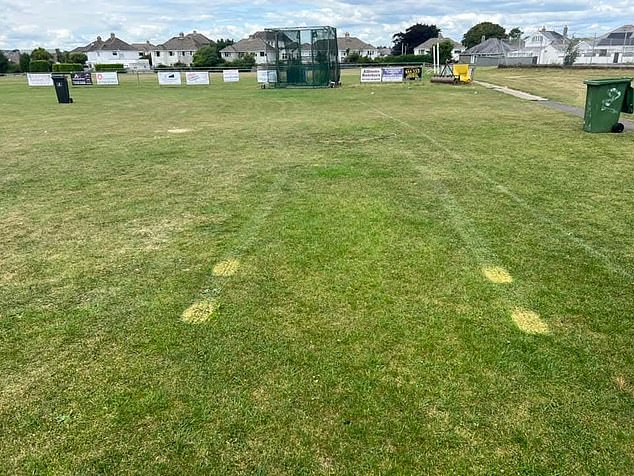 Parts of the outfield were also left stained after 'chemical toilet waste' was emptied
