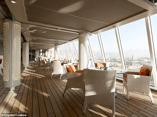 We have a deep balcony, as well as a huge bathroom and walk-in wardrobe - the greatest luxury you can find on a ship; space. This precious spaciousness extends to the plentiful public areas