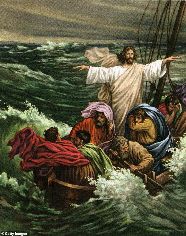 The story of Jesus walking on water and calming the sea, recounted in Matthew 14:22-33, Mark 6:45-52, and John 6:16-21, tells of Jesus sending his disciples across the Sea of Galilee after feeding the 5,000