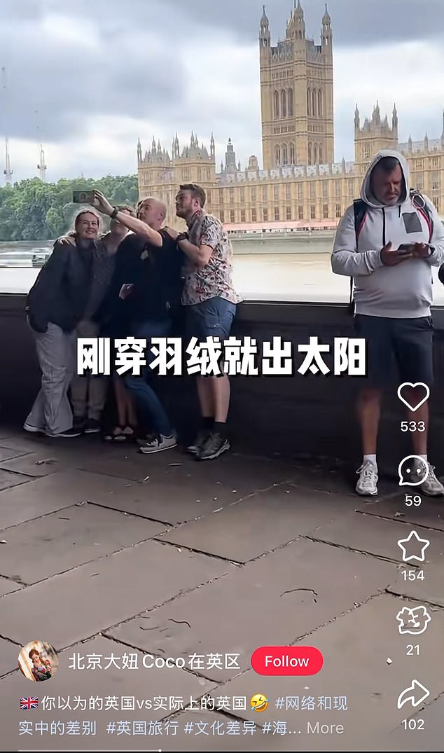 Beijing Coco shows tourists wearing summer outfits, while others wear winter clothes, telling her followers: 'The sun comes out just as soon as you start putting your down jacket on'
