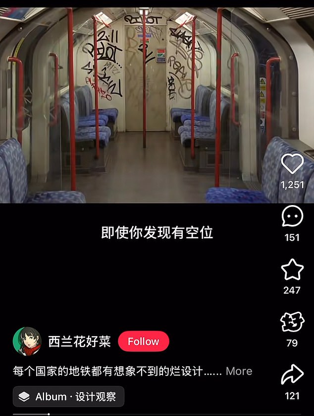 Down the tubes: Chinese social media user Good Vegetable Broccoli, from Shanghai, shows the graffitied interior of a London Underground train and asks her followers: 'Doesn¿t this look a bit dirty to you?'