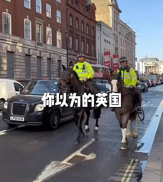 Influencer Beijing Coco features two police officers on horseback riding past a London black cab - and tells her followers, 'this is the England you imagined' - before finding examples of all the things they did not
